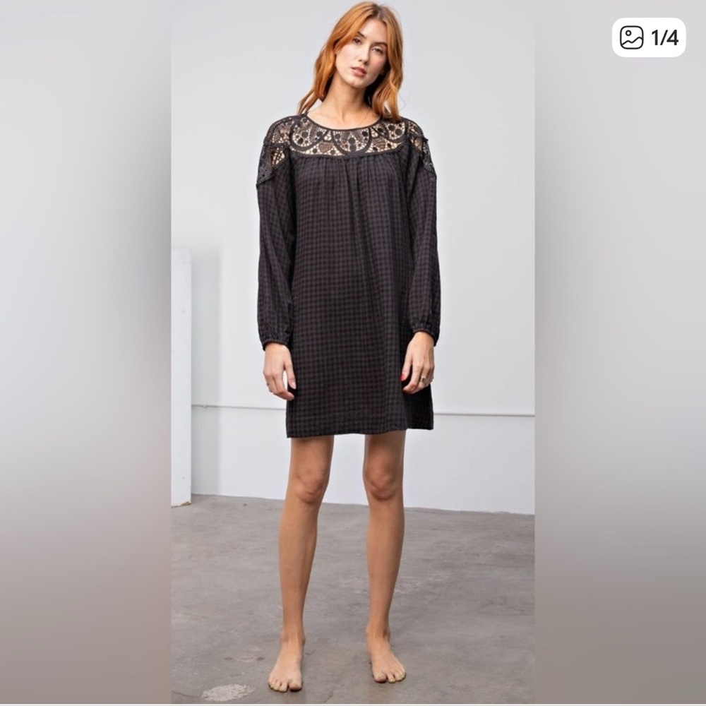 💕Easel Black Gingham Long Sleeve Dress with Lace